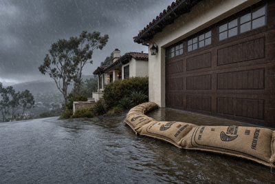 Hydrated StormBag burlap sandbag barrier holding back atmospheric river floodwater at a California garage door