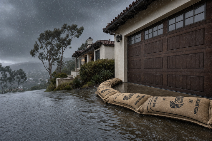 Hydrated StormBag burlap sandbag barrier holding back atmospheric river floodwater at a California garage door