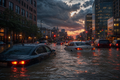 Editorial view of a flooded American urban downtown at dusk showing cars stalled in floodwater with dramatic storm clouds overhead, illustrating the August 2026 East Coast flash flood siege