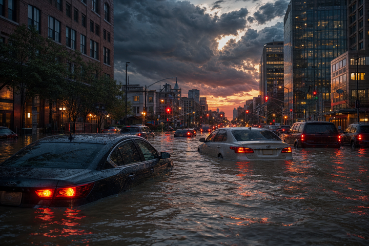 Editorial view of a flooded American urban downtown at dusk showing cars stalled in floodwater with dramatic storm clouds overhead, illustrating the August 2026 East Coast flash flood siege