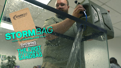 Miles Huffman showing StormBag automatic sandbag at CalTrans small business procurement fair in Oakland, California