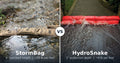 Split comparison: a deployed StormBag dam holding back water on the left, a deployed HydroSnake barrier on the right