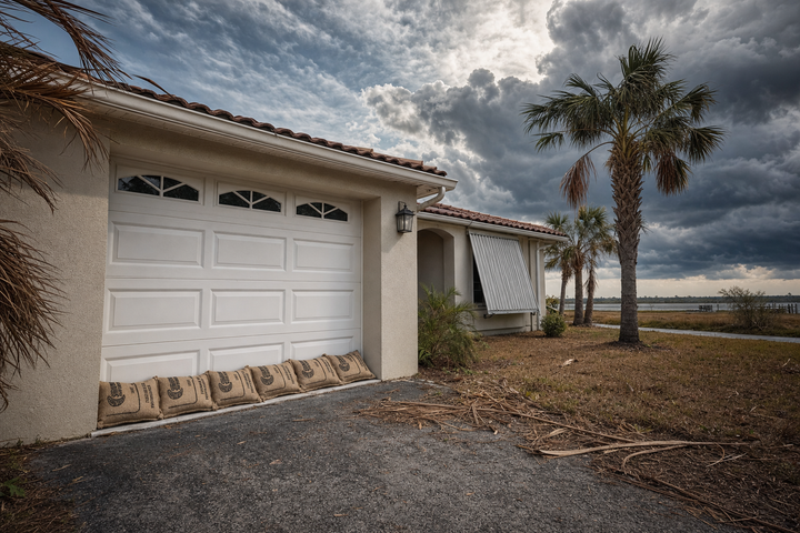 Properly-scaled StormBag burlap sandbags lined along a Florida home garage door under approaching hurricane storm clouds, with drought-stressed yard