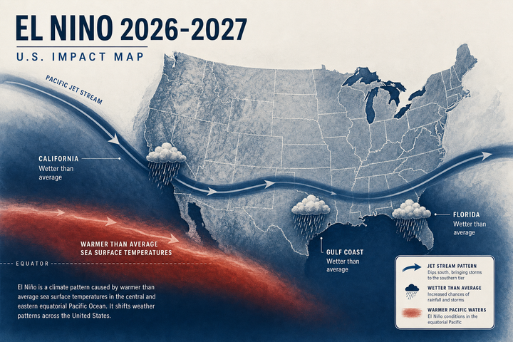 Super El Niño 2026-2027 winter weather map showing NOAA forecast regional impacts across the United States, from wetter southern-tier storms to drier northern-tier winter