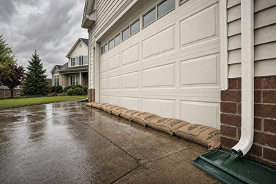 Burlap StormBag flood bags lined along a garage door with downspout splash block visible — layered home flood protection