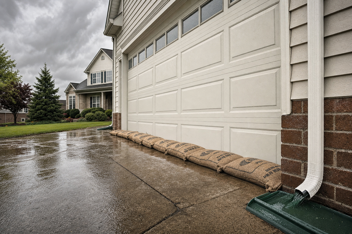 Burlap StormBag flood bags lined along a garage door with downspout splash block visible — layered home flood protection