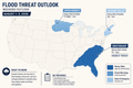 Flood threat outlook map for the weekend of August 1-3, 2026, showing heavy rain in the Southeast and Florida, flood warnings across the Upper Midwest, and elevated risk in the Hudson Valley and New England