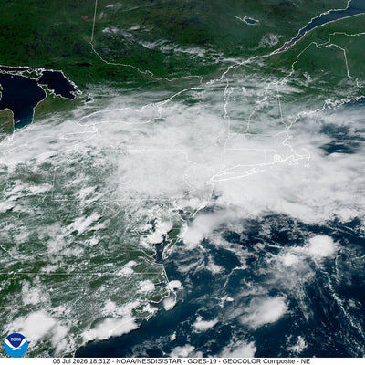NOAA GOES-East GeoColor satellite view showing stalled storm system over the Mid-Atlantic and Northeast US on July 6, 2026