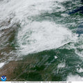 NOAA GOES-19 GeoColor satellite view of the Upper Mississippi Valley on August 14, 2026, showing the storm complex over Iowa, Illinois and Indiana