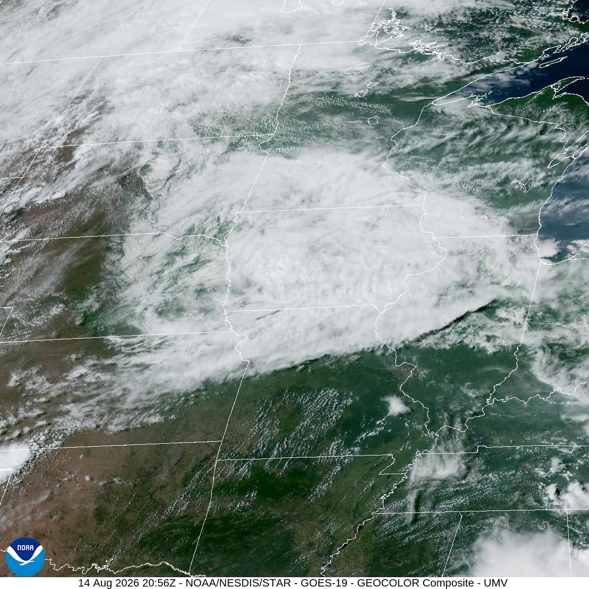 NOAA GOES-19 GeoColor satellite view of the Upper Mississippi Valley on August 14, 2026, showing the storm complex over Iowa, Illinois and Indiana