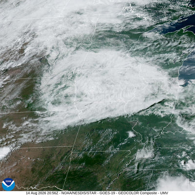 NOAA GOES-19 GeoColor satellite view of the Upper Mississippi Valley on August 14, 2026, showing the storm complex over Iowa, Illinois and Indiana