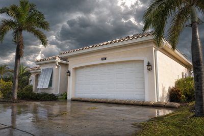 Florida stucco home with palm trees and dark approaching squall line, low row of burlap StormBag flood bags lined along the garage door