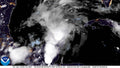 NOAA GOES-19 GeoColor satellite view of the Gulf of Mexico, June 2 2026 03:36 UTC, showing convective activity over the Yucatán Peninsula