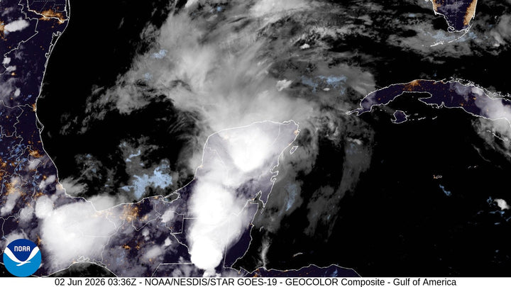 NOAA GOES-19 GeoColor satellite view of the Gulf of Mexico, June 2 2026 03:36 UTC, showing convective activity over the Yucatán Peninsula