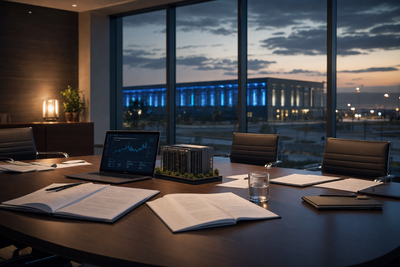 Data center insurance policy review in a corporate boardroom at dusk