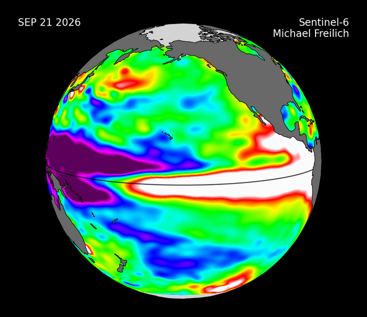 NASA Sentinel-6 Michael Freilich sea-surface-height visualization dated September 21, 2026, showing the Pacific Ocean centered between Asia and the Americas.