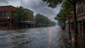 Flooded main street in the Northeast during heavy summer rain on July 29, 2026