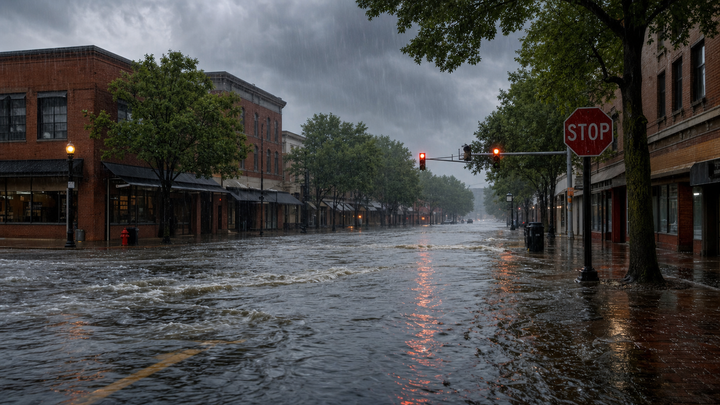 Flooded main street in the Northeast during heavy summer rain on July 29, 2026