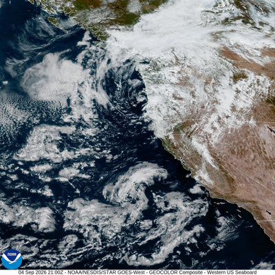 Atmospheric river approaching northern California, Oregon, and Idaho on Sept. 4, 2026 (NOAA GOES-18 GEOCOLOR). Flood risk through Saturday morning.