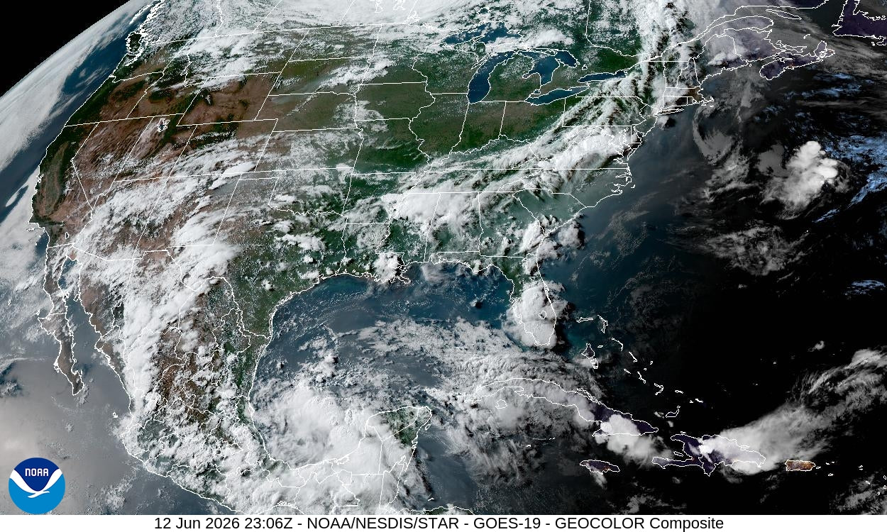 NOAA GOES-19 GeoColor satellite image of the continental United States showing widespread thunderstorm complexes over the Central and Southern US on June 12 2026 during the second week of an active flash flood pattern.