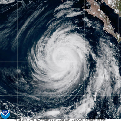 Hurricane Marie at 100 mph in the Eastern Pacific on Sept. 4, 2026 (NOAA GOES-18 GEOCOLOR satellite). Flood risk for Southern California.