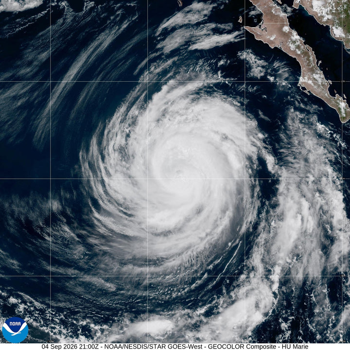 NOAA GOES-18 GEOCOLOR satellite image of Hurricane Marie at 21:00 UTC on September 4, 2026, showing a well-organized 100 mph hurricane in the Eastern Pacific southwest of Baja California.