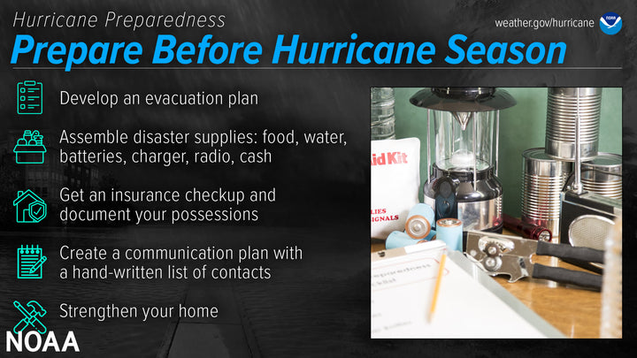 NOAA National Hurricane Preparedness Week graphic showing pre-season prep checklist: evacuation plan, supplies, insurance, communication plan, and home strengthening