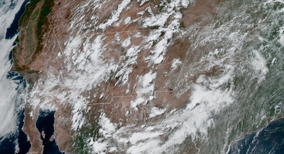 NOAA GOES-19 satellite view of North American Monsoon convective clusters over the Desert Southwest and California on July 17, 2026