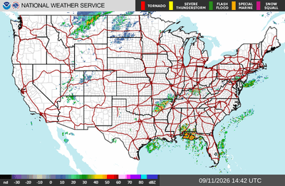 National Weather Service CONUS radar mosaic showing active flash flood warnings across Kentucky, West Virginia, Ohio, and Arkansas, September 11, 2026