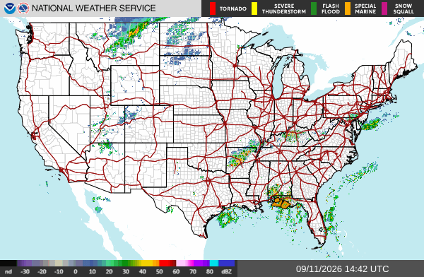 National Weather Service CONUS radar mosaic showing active flash flood warnings across Kentucky, West Virginia, Ohio, and Arkansas, September 11, 2026