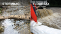 StormBag vs FloodSax comparison: US-made burlap StormBags forming a fresh-water dam next to UK-made FloodSax bags being deployed against floodwater
