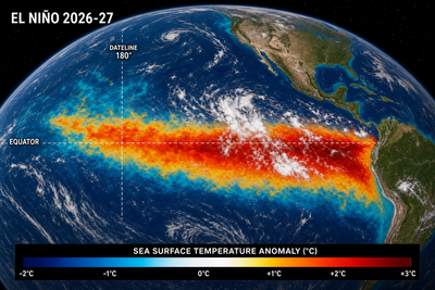 El Nino 2026-27 Pacific sea surface temperature anomaly visualization showing warming band across the equator