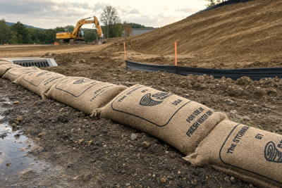 Hydrated burlap sandless sandbag linear barrier as perimeter sediment control on a construction site SWPPP setup