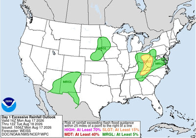 NOAA Weather Prediction Center Day 1 Excessive Rainfall Outlook valid Monday August 17 2026, showing a Slight risk over the central Appalachians and eastern Kentucky