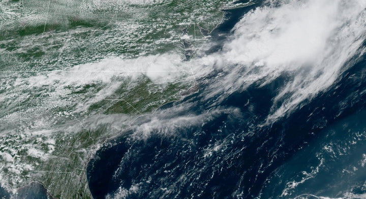 NOAA GOES-19 satellite view of the frontal cloud band stretching from West Virginia across Virginia and the Carolinas on July 22, 2026